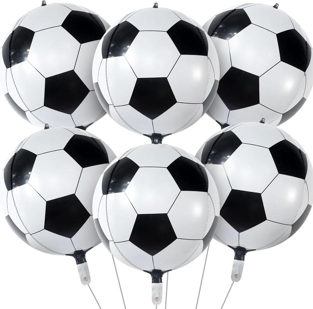 6 PCS 4D Soccer Balloons, 22 Inch Football Foil Balloons, Soccer Themed Birthday Foil Balloon, Football Party Supplies for Kids Birthday Party Ball Fans Sports, Black and White Balloon
