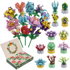 Advent Calendar 2025 Building Block Flowers Flowers and Succulents for Kids 24 Days of Christmas Countdown Building Blocks