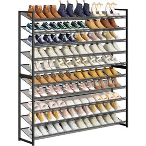 Large Shoe Rack 10 Tier Shoe Organizer, Heavy Duty Metal 5-Tier Stackable Shoe Storage Vertical Shoe Rack for Closet Front Door Entrance, Up to 62 Pairs, 44.8" W x 11.4" D x 71.2" H, Black