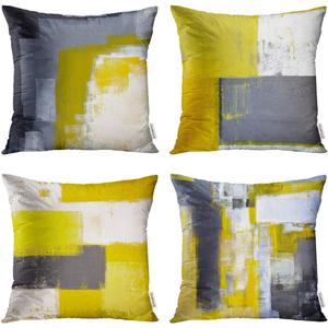 Set of 4 Linen Throw Pillow Cover Case Grey and Yellow Abstract Art Painting Decorative Pillow Cases Covers Home Decor Square 20 x 20 Inches Pillowcases