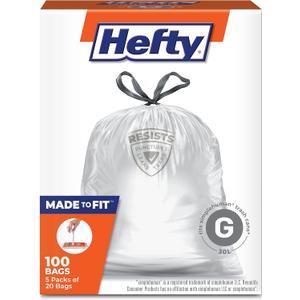 Hefty Made to Fit Trash Bags, Fits simplehuman Size G (8 Gallons), 100 Count (5 Pouches of 20 Bags Each) (Clear)