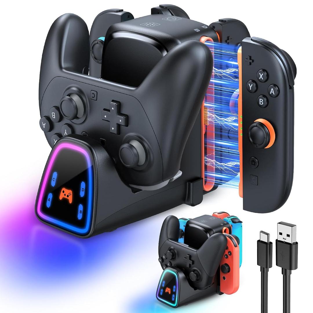 9 In 1 Controller Charging Dock for Nintendo Switch 2/Switch 1/OLED Controller, Fast Charger Station for Joy Con 2&1 and Pro Controller 2&1, Charger Accessories with RGB Light