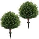 Artificial Cedar Topiary Ball Tree 23" with Ground Spike, Set of 2 Artificial Boxwood Bushes for Faux Shrubs, Fake Evergreen Faux Plant for Indoor Outdoor Porch Garden- UV Resistant  Fade-Proof