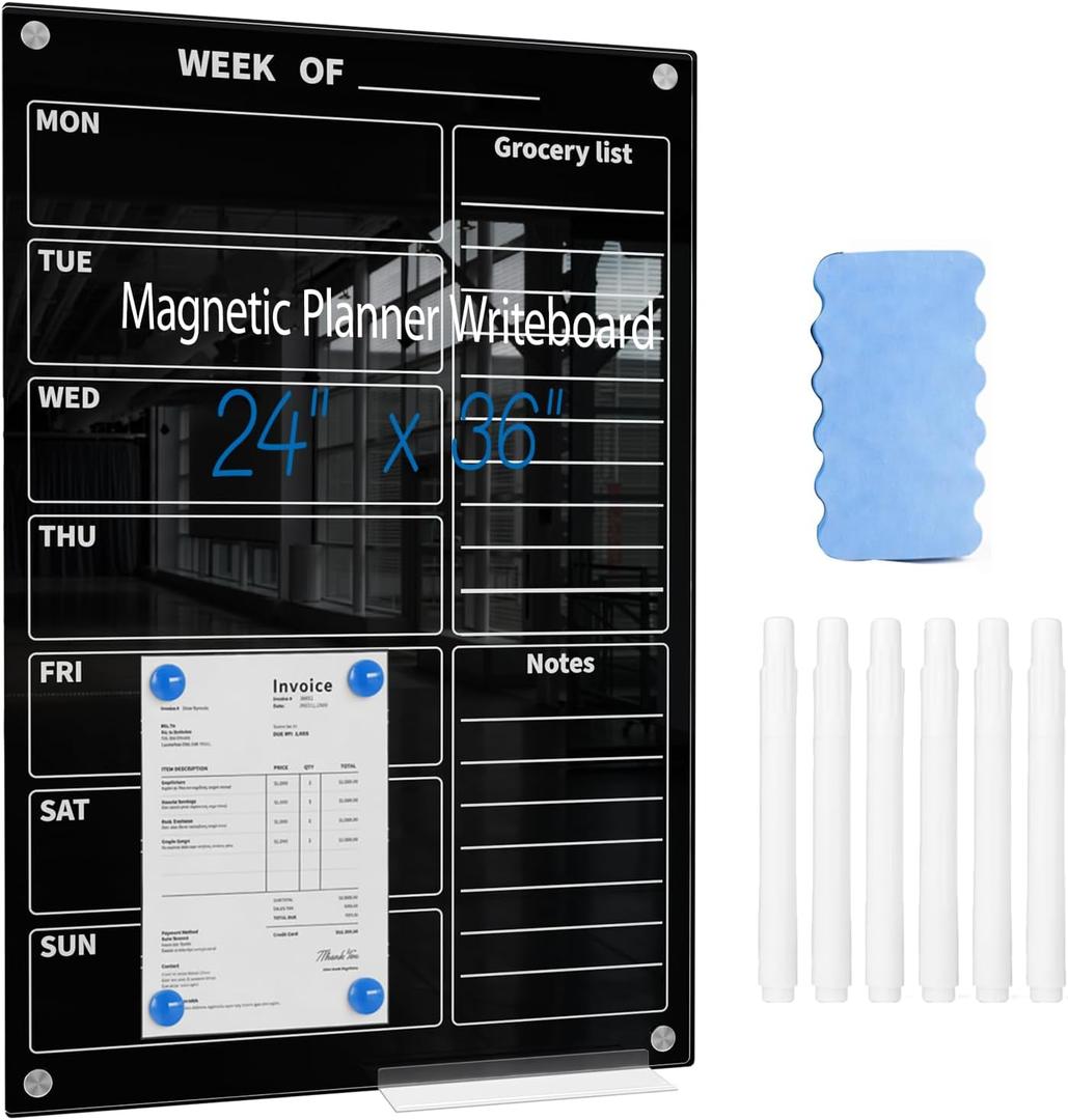 24" x 36" Magnetic Weekly Glass Planner Whiteboard Frameless Black Dry Erase Calendar for Office or Home Kitchen - Premium Tempered Glass, Vertical Wall-Mounted (6 Markers Included)