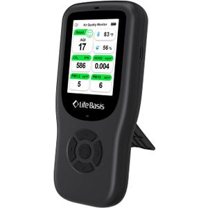 LifeBasis Air Quality Monitor Indoor, 11-in-1 Air Quality Detector with Stand, Real-Time Air Meter Test AQI, PM1.0, PM2.5, PM10, CO2, TVOC, HCHO, Particles, Temperature and Humidity, Dual Alert -Black