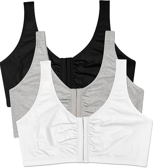 Fruit of the Loom Women's Multi-Pack Front Close Sports Bra, Size 36 (Black/White/Heather Grey 3-pack)