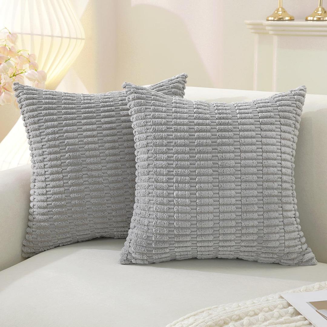 YSTELLAA Set of 2 Corduroy Decorative Throw Pillow Covers 20x20 Inch, Boho Striped Pillow Covers Farmhouse Home Decor for Sofa Living Room Couch Bed,Light Gray