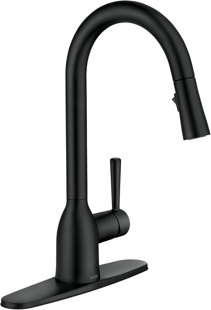 Moen Adler Matte Black One-Handle High Arc Kitchen Sink Faucet with Power Clean, Modern Kitchen Faucet with Pull Down Sprayer, 87233BL