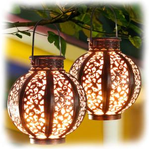 MAGGIFT 2 Pack Hanging Solar Lanterns Outdoor - Vintage Solar Powered Lantern for Outside - Waterproof Solar Lights for Yard Decor 6 Lumens, Copper