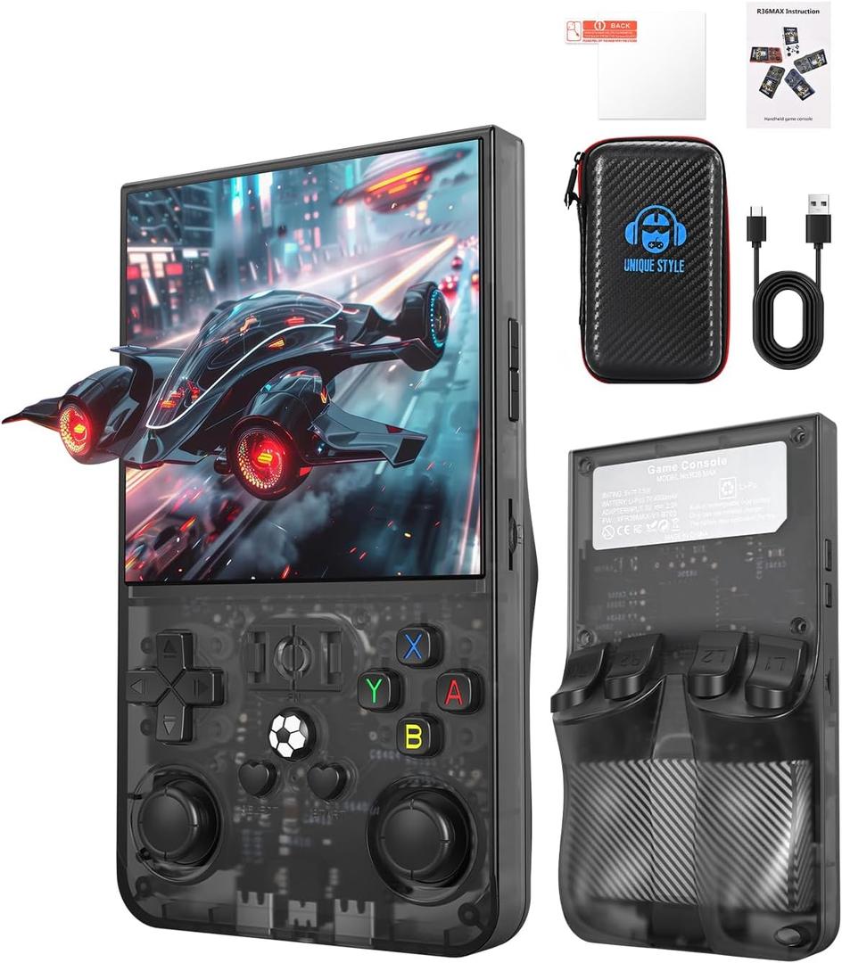 R36MAX Retro Handheld Game Console, 4.0-inch HD IPS Screen, 64GB Storage, 4000mAh Battery, 30+ Emulators, Protective Case Included, Black