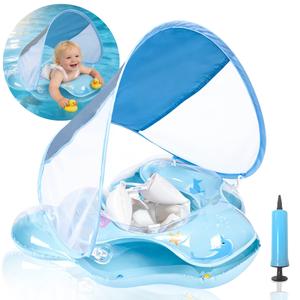 Baby Pool Float with UPF50+ Sun Protection Canopy, Inflatable Baby Float with Adjustable Safety Seat for Toddler from 3 to 12 Months, Baby Swim Float with Dual Air Chambers for Boys GirlsSmall, Blue
