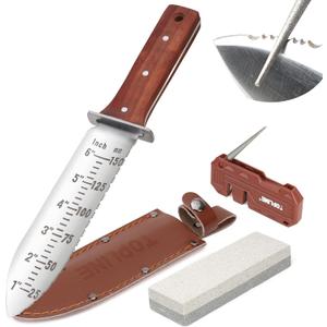 Topline Hori Hori Garden Knife, Double-edge Stainless Steel Blade, Garden Knife with Leather Sheath for Digging, Weeding, Planting, Sharpener, Sharpening Stone Included Topline Hori Hori Garden Knife, Double-edge Stainless Steel Blade, Garden Knife with Leather Sheath for Digging, Weeding, Planting, Sharpener, Sharpening Stone Included