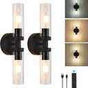 Battery Operated Wall Sconces Set of 2, 330 Rotation 3000K-6000K Dimmable Wireless Wall Sconce with Clear Glass Black 10400mAh USB Rechargeable Wall Lights with Remote Bulbs Included 2 Pack