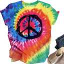 Tie Dye Peace Shirt for Women Retro Hippie Graphic Print Tee Short Sleeve Casual Summer Top Boho Vintage Style T-Shirt L
