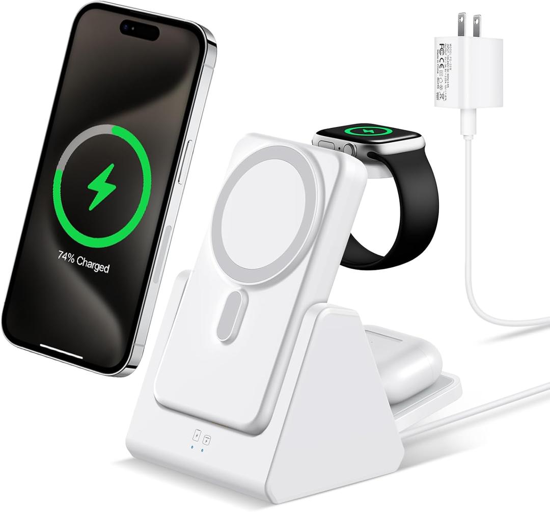 Mag-Safe Charger Wireless Charging Station: 3 in 1 10000mAh Portable Power Bank Compatible for iPhone 16/15/14/13/12 Series and Apple Watch - Magnetic Charging Stand White