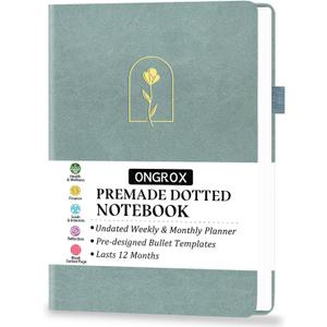 Premade Bullet Style Notebook with Undated Weekly & Monthly Planner, Dotted Journal with Pre-made Bullet Planner Stencils, Dot Grid Journaling with Habits & Mood Tracker, 12 Month Organization, A5 (Grey)