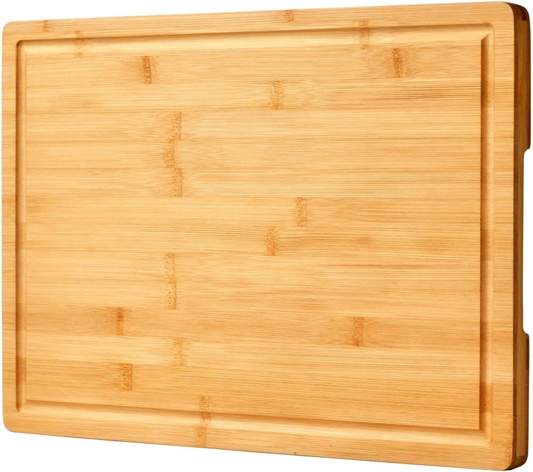 Bamboo Cutting Board for Kitchen, 18" Large Wood Charcuterie Cheese Board, Wooden Chopping Block with Side Handles and Juice Grooves (18"L x 12"W)
