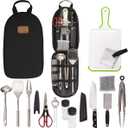 Camp Kitchen Utensil Organizer Travel Set Portable BBQ Camping Cookware Stainless Steel Utensils Travel Kit Outdoor Equipment Cutting Board Tongs Scissors Knife Ladle Spatula (New Version Black)