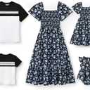 PATPAT Family Matching Outfits Mommy and Me Dresses Floral Dress & T-Shirts | Mommy and Me Easter Dresses, Puff Sleeve Floral Sundress, Cotton Blend T-shirts, Couples Party Wedding Vacation Outfits (White)