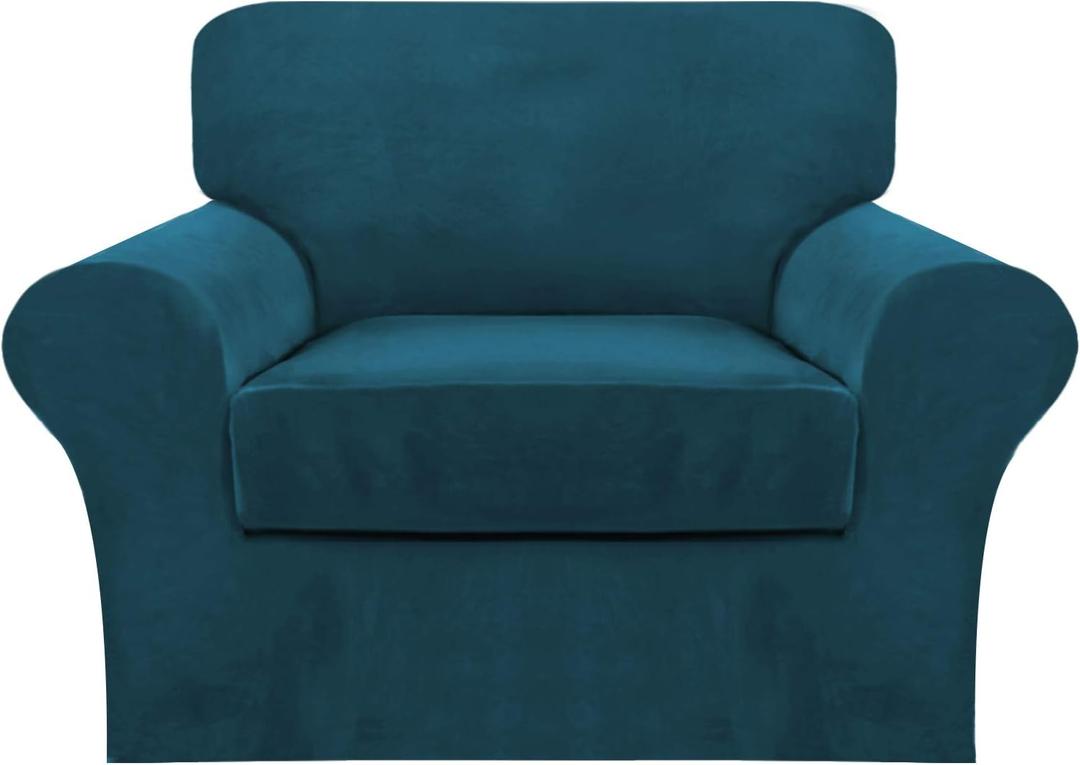 FantasDecor 2 Piece Chair Sofa Covers Velvet for Living Room Slipcovers with Individual Cushion Elastic Furniture Protector for Pets, Machine Washable (Armchair, Deep Teal)