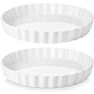 LOVECASA Porcelain Pie Pan Quiche Baking Dish,10 Inch Non-Stick Round Pie Dish Quiche Pan,Tart Pan with Ruffled Edge,Pie Plate for Apple, Quiche, Pot Pies, Tart,Set of 2, White