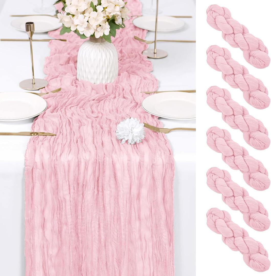 6 Pack Light Pink Cheesecloth Table Runner 17x108 Inch Semi Sheer Boho Gauze Cheese Cloth Fabric Table Runners Table Decor for Wedding Party Baby Shower Birthday Home Decor Garden Farmhouse