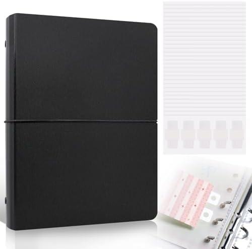 Dajino Refillable A5 Binder 6 Ring Cover for Planner Budget Journal Notebook Making with 300 PCS Binder Sheet Converter Sticker, Loose Leaf Cover with 25mm Inner Diameter Ring (Smooth-black)