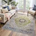 5x7 Area Rugs, Washable Rug, Vintage Rugs for Living Room Bedroom, Non Slip, Stain Resistant, Low Pile, Soft, Foldable Boho Floral Print Rugs for Dining Room, Home Office, Green (5' x 7' (Rectangular))