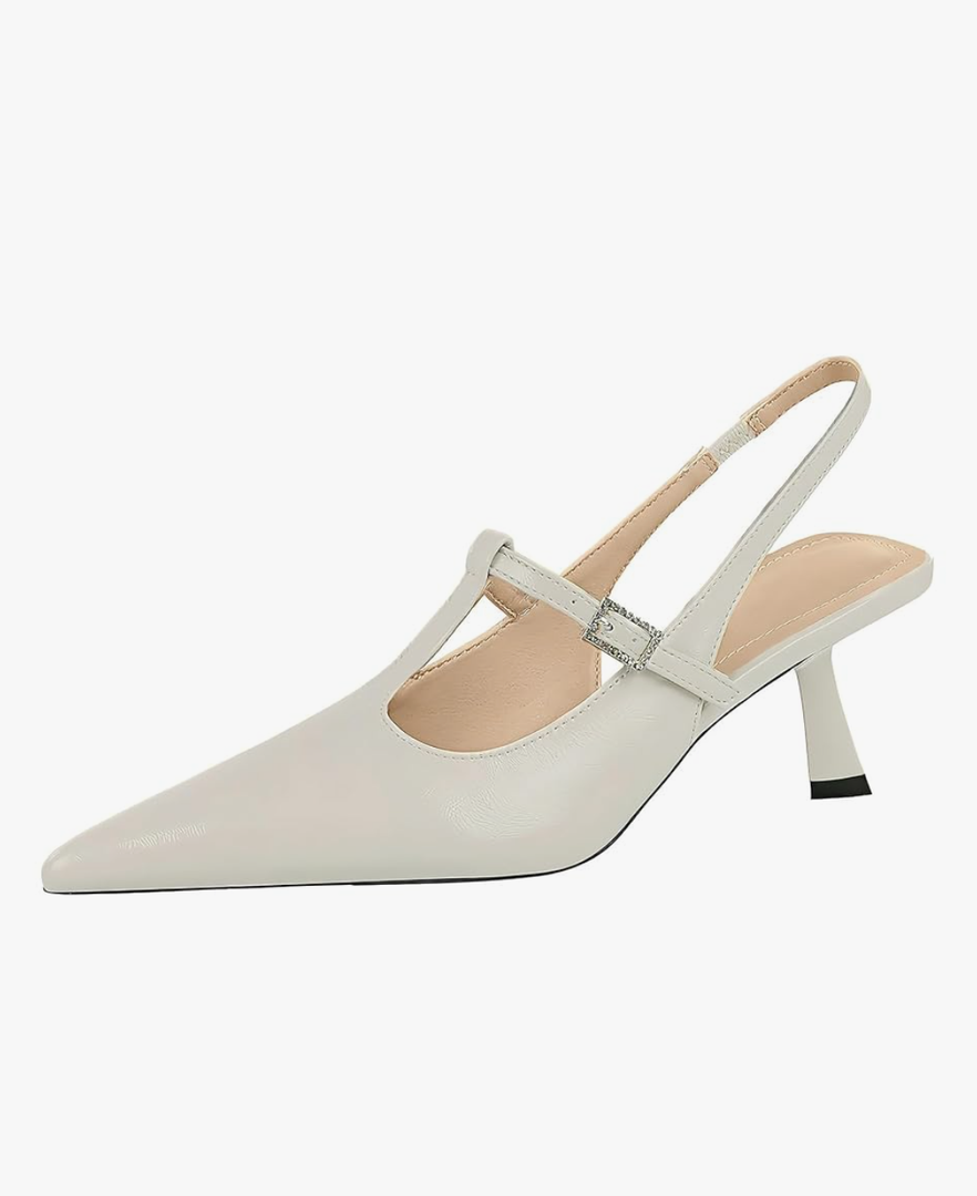 Womens Pointed Toe Heels Slingback Slip On Pumps Close Toes T Strap Heeled Sandals Kitten Heel Dress Shoes for Women, 39