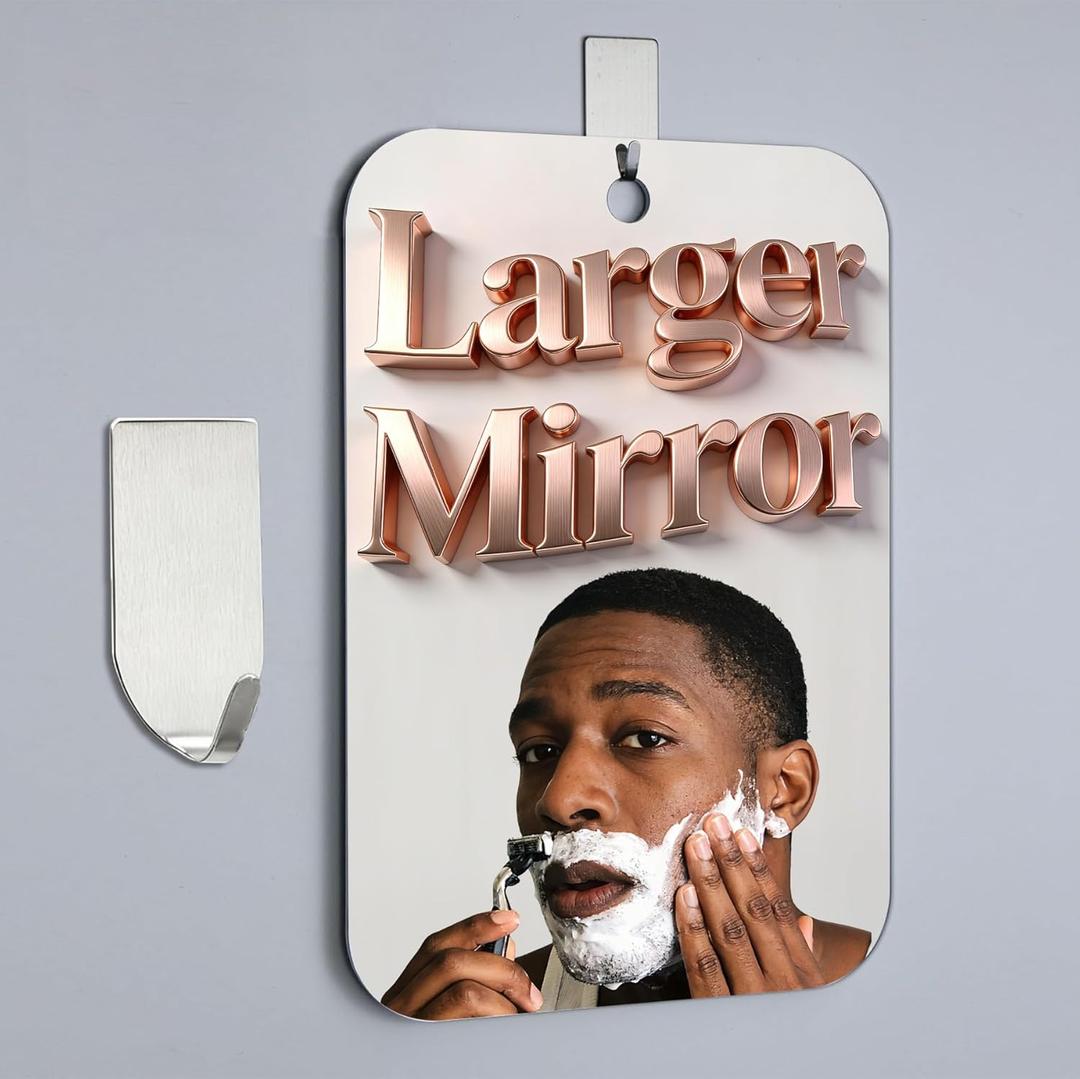 Shower Mirror Fogless for Shaving,(Larger 11x8 Inch) Anti Fog Shaving Mirror Holder NO-Drilling, No Fog Free Waterproof,Small Wall Mounted Bathroom Accessories Camping Hanging