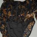 SweatyRocks Women's Sheer Floral Lace Long Sleeve Bodysuit Tops Sweetheart Neck Jumpsuit (Large, Black)