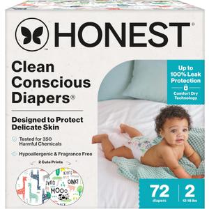 The Honest Company Comfort Dry Disposable Daytime Diapers for Sensitive Skin, Hypoallergenic, Fragrance-Free, Multi-Colored Giraffes + Barnyard Babies, Club Box, Size 2 (12-18 lbs), 72 Count