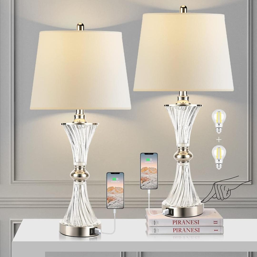 Touch Control Table Lamp for Bedrooms 3 Way Dimmable White Drum Shade Modern Bedsides Nightstand lamp Set of 2 with 2 USB Charging Port(Bulbs Included) (Silver)