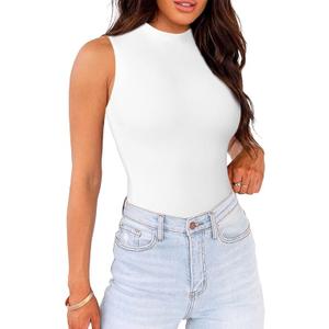 WAYMAKER Mock Neck Bodysuits for Women Sleeveless Basic Tank Top Body Suit Shirts(White, Small)