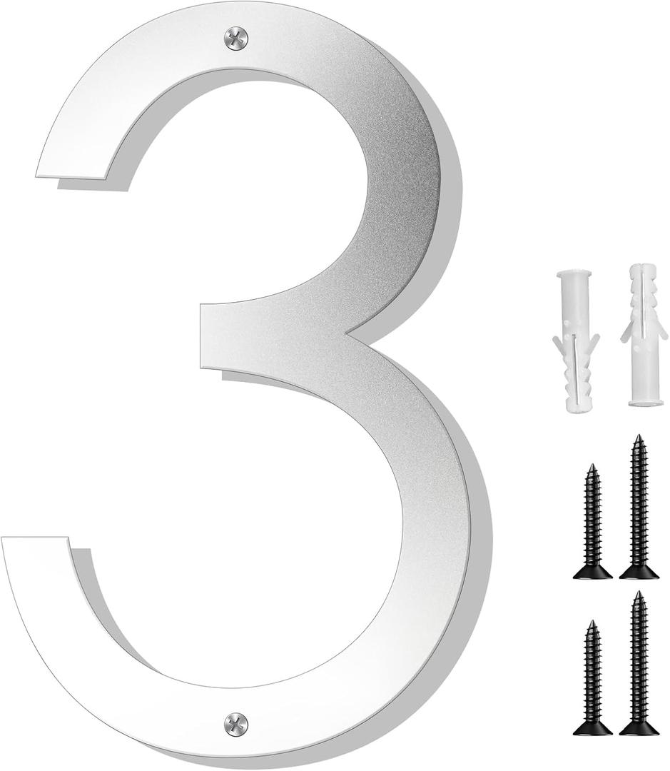 Friendship 12 Inch Modern House Numbers for Outside Silver Coated Floating Metal Address Numbers Plaques for Mailbox & Home Sign (Silver 3)