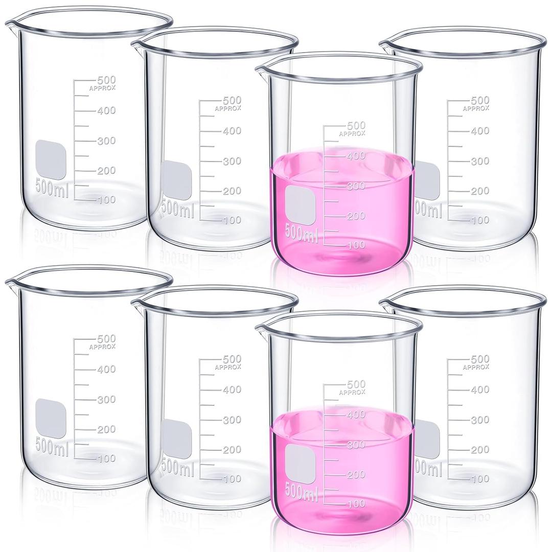8 Pcs 500 ml Glass Lab Beaker 3.3 Borosilicate Glass Measuring Cup with Spout Low Form Glassware for Laboratories Classrooms or Home Use
