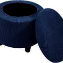 Round Ottoman Cover with Storage 2-Piece Stretch Stool Slipcover Soft Footstool Protector Covers Removable Washable Storage Stool with Cover Lid Folding Stool Covers for Home Decor (Navy Blue)