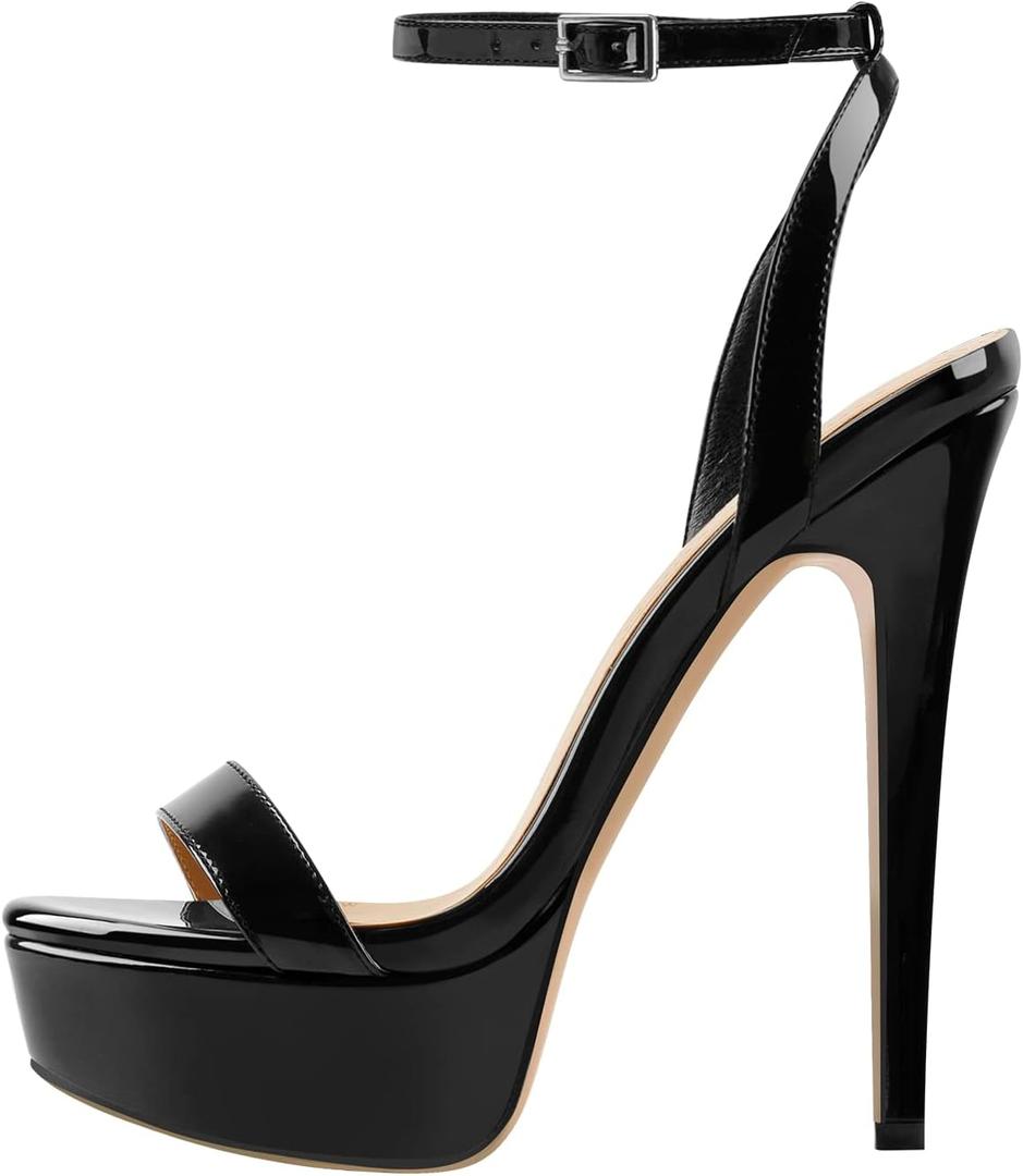Platform Stiletto High Heels for Women, Round Open Toe Ankle Strap Sexy Heeled Sandals for Wedding Party Dress (8, Black)