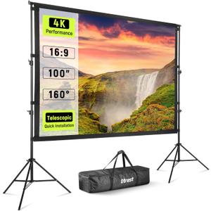 100 Projector Screen with Stand, Wrinkle Free Polyester 16:9 4K HD Rear Front Movie Screen with Sandbags, Indoor Outdoor Portable Telescopic Projection Screen for Home Theater, Outdoor Movie