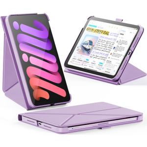 INFILAND Case for iPad mini 7 (A17 Pro) 2024 / iPad mini 6 2021, Magnetic Origami Slim Protective Case, Book-Style Foldable Cover with Pencil Holder, Multi-Angle Stand, Auto Wake/Sleep, Purple