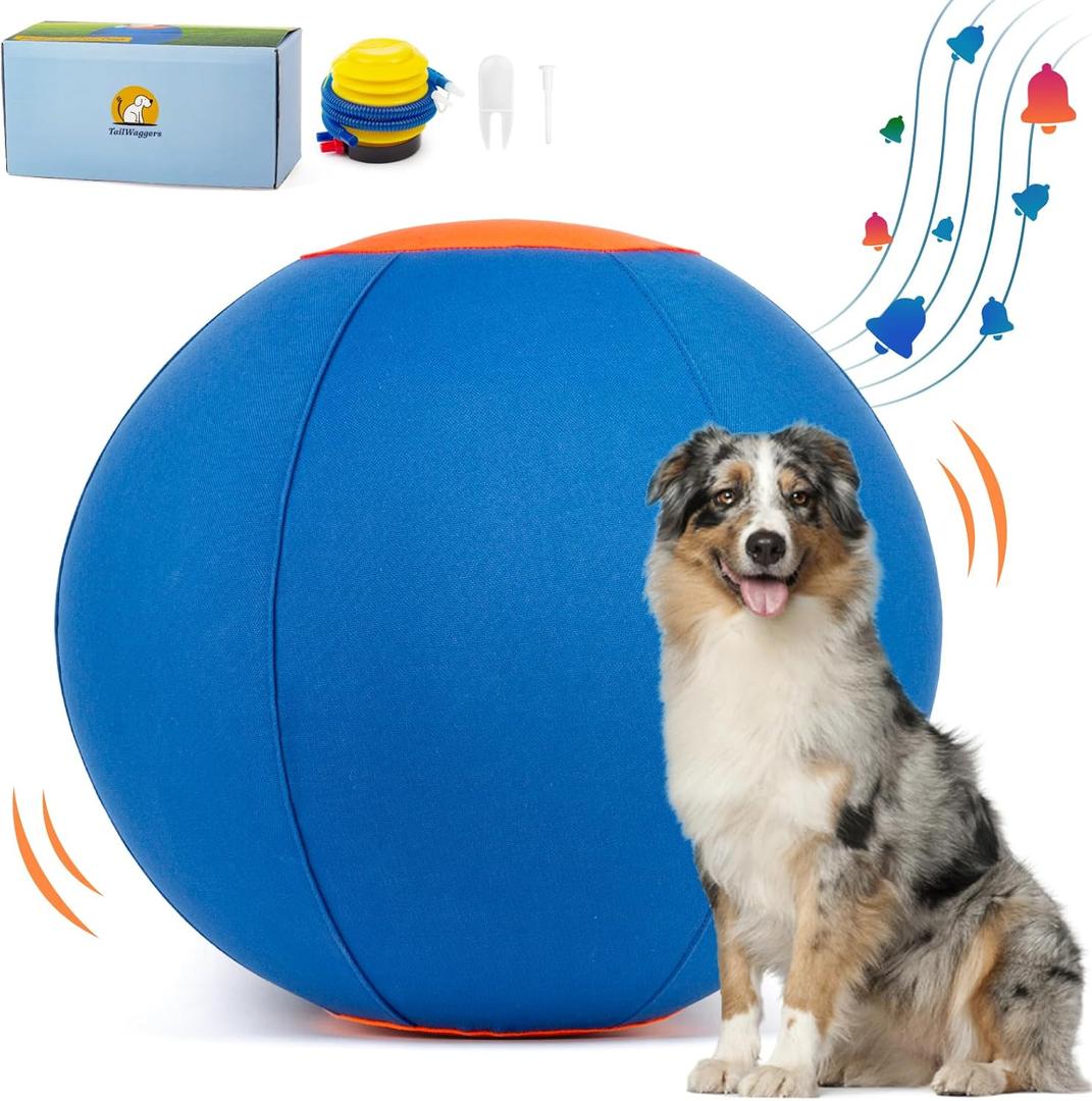 TailWaggers Jingle Herding Ball for Dogs,Durable Cover for Long-Lasting Dog Toys, for Exercise andEntertainment Dogs in Backyard-18in (Blue)