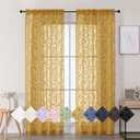 WelvetBLK Gold Sheer Curtains 84 Inches Long 2 Panels Set for Bedroom Living Room, Soft Solid Airy Elegant Geometric Jacquard Clip Light Filtering Curtains Drapes, Gold, 2Pcs Total Wide 84" Inch