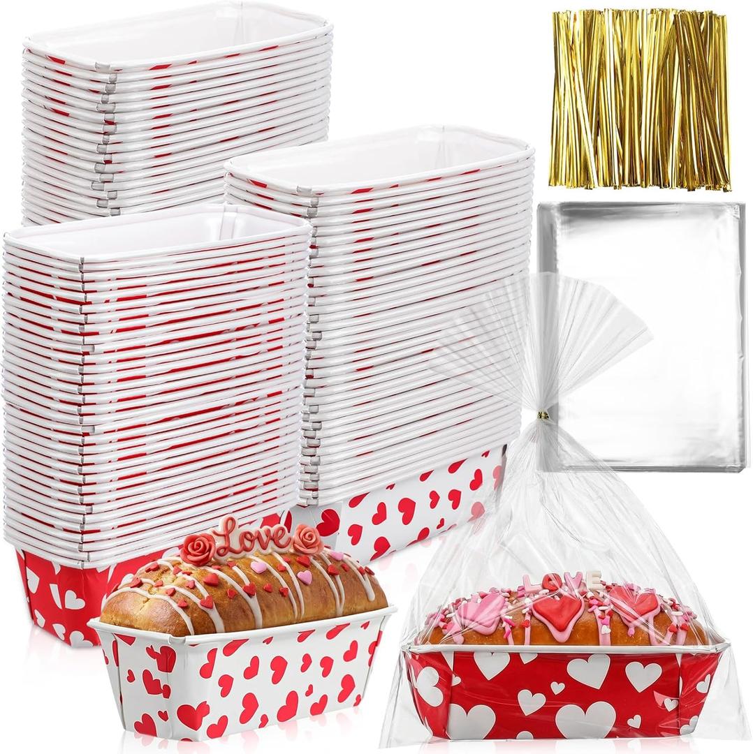 50 Set Valentine's Day Mini Loaf Pans Disposable Red Pink Heart Paper Cake Pan Liner with Wrapping Bag and Ties 6.3 x 2.2 x 2.2 Inch Rectangle Baking Bowl for Bread Muffin(Red Heart)