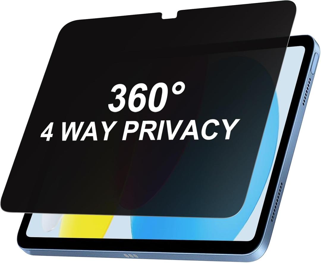 360 4 Way Privacy Screen Protector for iPad A16 11th/ 10th Generation (11/10.9 Inch 2025/2022), 360 Degree Anti-Spy Tempered Glass Film, Case Friendly, Apple Pencil Support, 1 Pack (Black)