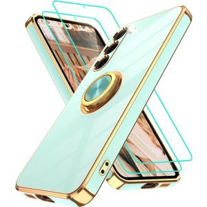 Gritup for Samsung Galaxy S23 Plus Case: with 2Pcs Screen Protector, 360 Rotation Ring Holder Magnetic Kickstand, Plating Gold Edge Soft TPU Shockproof Protective Cover for S23 Plus, Light Green