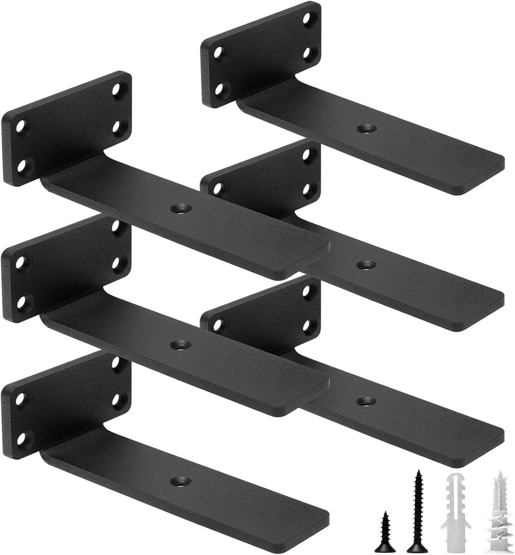 HITOMEN Heavy Duty Floating Shelf Brackets, 6-Inch (1/5'' Thick) Hidden Shelves Hardware, Cast Iron L Brackets, Rustic Industrial Black Metal Wall Shelving Supports, 6 Pack