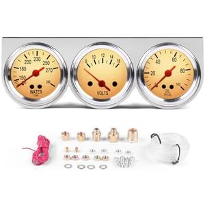 2'' 52mm 3in1 Triple Gauge Set Gauges Kit Universal Chrome 8V-16V Volt Gauge,100-280℉ Water Temp Temperature Gauge, 0-100 PSI Oil Pressure Gauge Meter