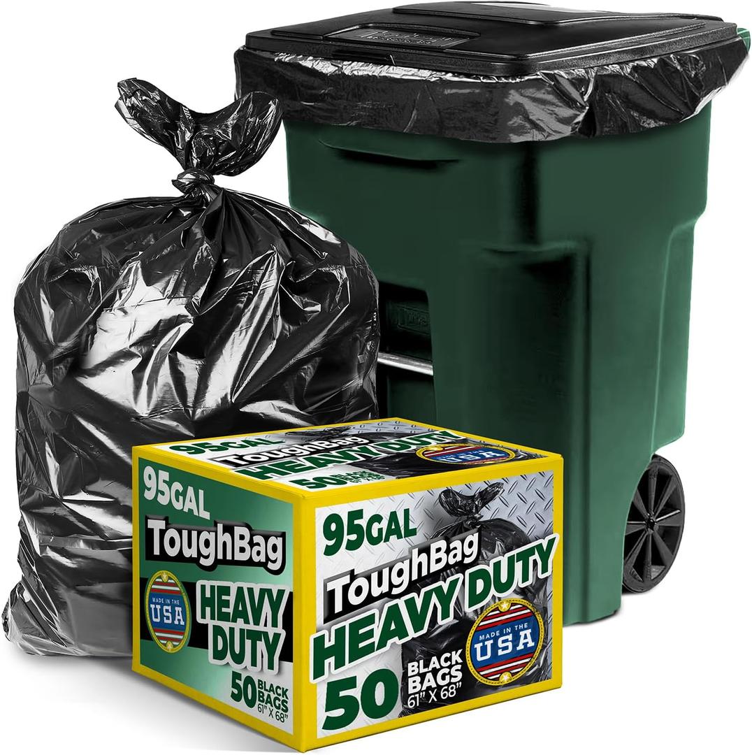 ToughBag 95-96 Gallon Extra-Large Trash Bags, 61x68 Black Garbage Bags, 1.2 Mil Thick (50 COUNT), Heavy-Duty Outdoor 95 Gallon Trash Bags for Storage, Custodial, Landscape - Made In USA