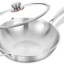 LOLYKITCH 12 Inch Stainless Steel Wok with Glass Lid, Tri-Ply Stir Fry Pan with Detachable Handle, Everyday Cooking Wok for Induction & Glass, Flat Bottom, SGS Certified Cookware