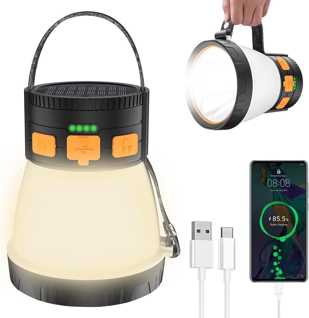 LED Camping Lantern, 1500 Lumens Camping Lantern Rechargeable with Solar Panel Charging, Waterproof, 8 Light Modes, 7500mAh Power Bank, Camping Flashlight for Hurricane Emergency, Hiking, Outdoor (Orange&Black)